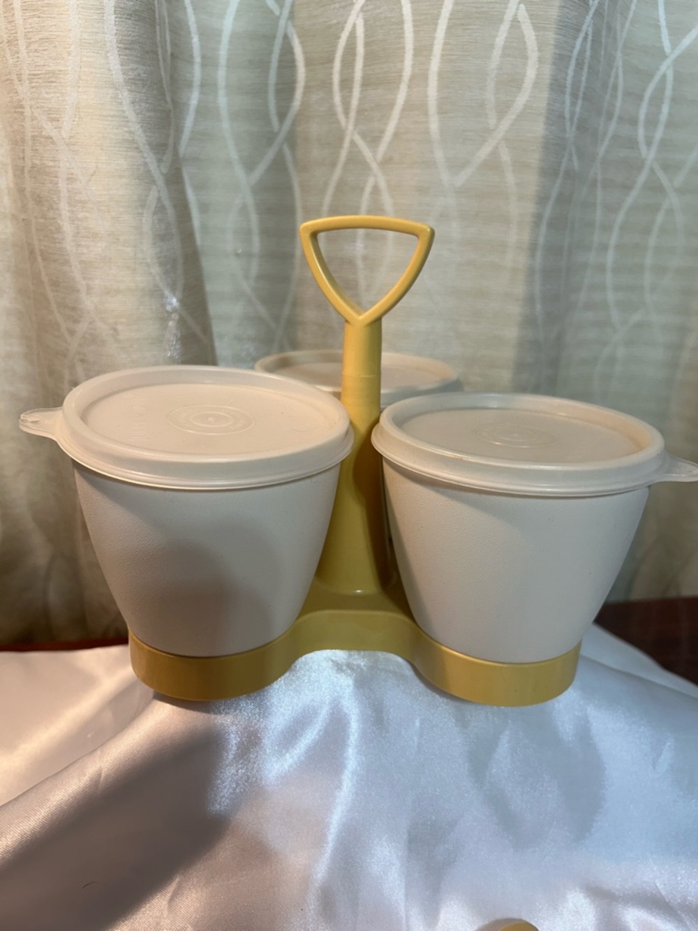 VTG Tupperware Three-Compartment Condiment Server with Gold Stand and 3Spoons